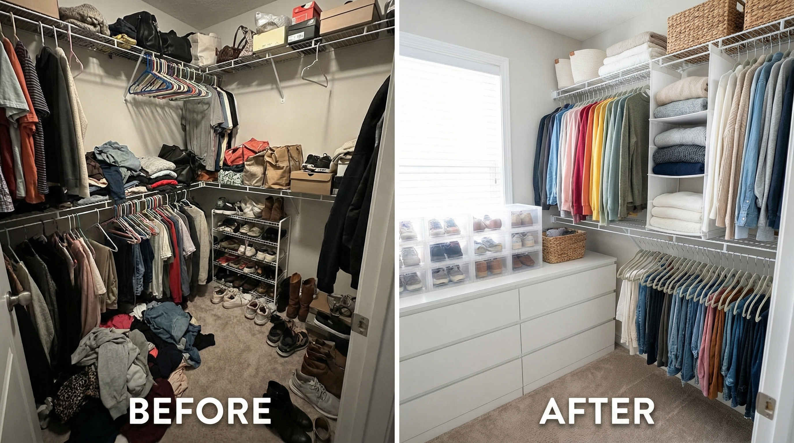 Before and after bedroom closet transformation on $200 budget