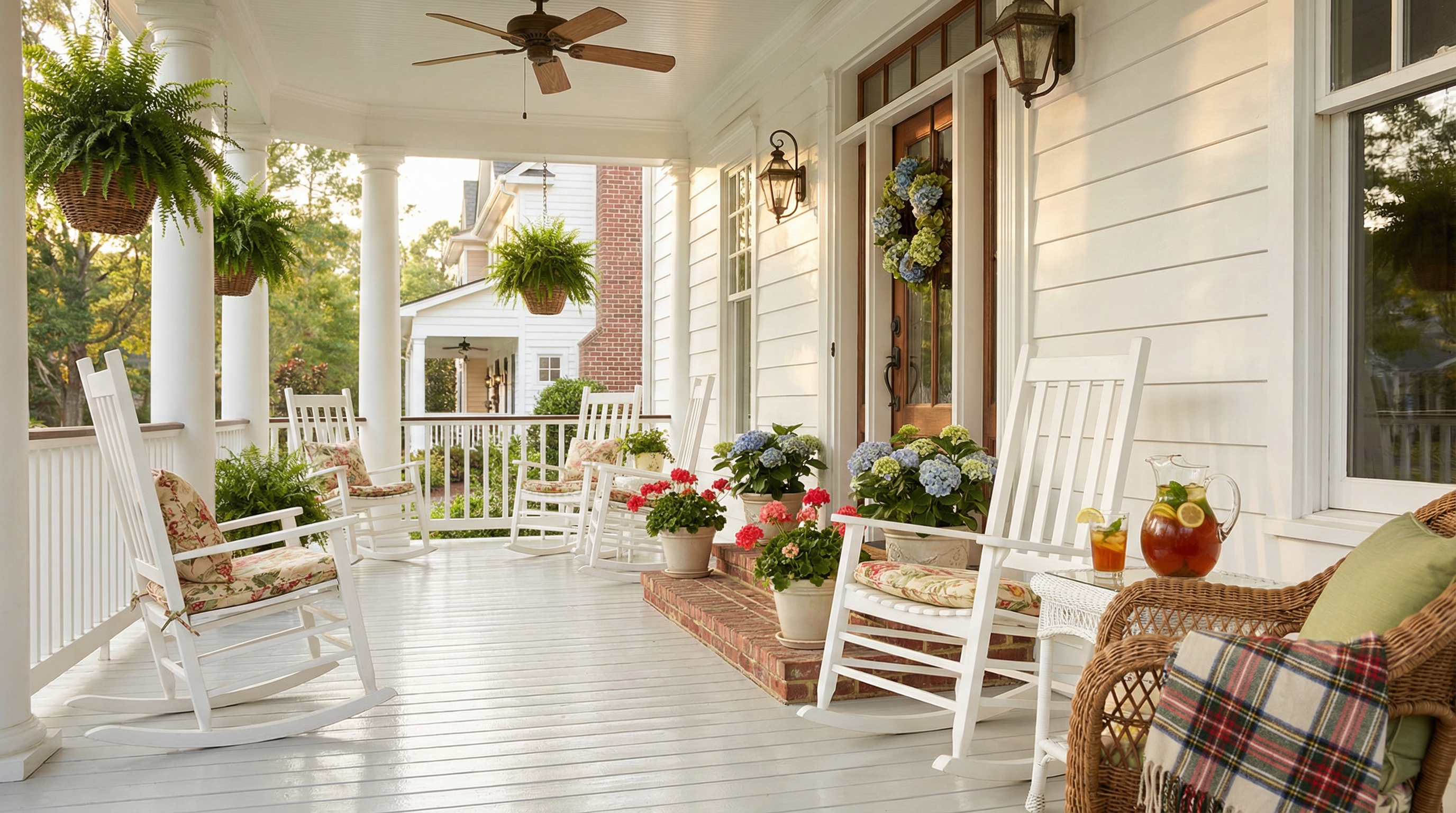 Beautiful classic Southern porch with rocking chairs and hanging ferns