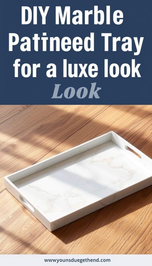 A DIY marble-patterned tray with a smooth, glossy surface and elegant veining patterns in shades of gray, white, and soft beige. The tray is placed on a wooden table, with natural lighting softly illuminating the scene. The tray's simple, minimalist design exudes a sense of luxury and timelessness, perfectly complementing the surrounding decor. The image is captured at a medium angle, showcasing the tray's depth and dimension. The overall mood is serene, sophisticated, and inviting, reflecting the "Marble-Patterned Tray for a Luxe Look" theme.