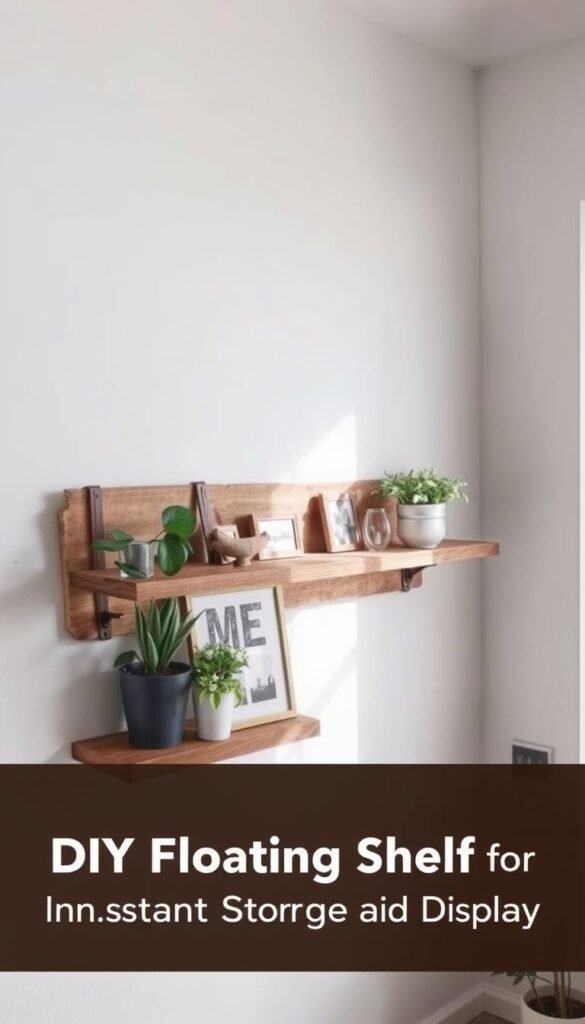A beautifully crafted DIY floating shelf design, showcasing a rustic wood plank with sleek metal brackets, suspended against a minimalist white wall. The shelf is adorned with an artful arrangement of potted plants, framed wall art, and a few carefully selected decorative items, creating a warm and inviting display. Soft, natural lighting from a nearby window bathes the scene in a gentle glow, highlighting the natural textures and tones. The overall composition exudes a sense of effortless style and functionality, perfectly embodying the "DIY Floating Shelf for Instant Storage and Display" concept.