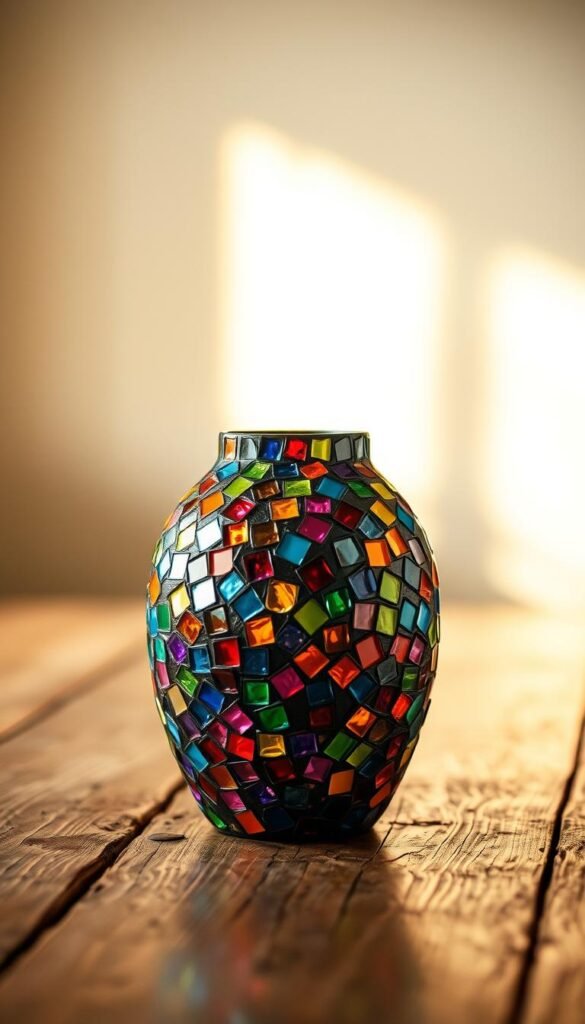 A beautifully crafted DIY mosaic tile vase sitting on a rustic wooden table, bathed in soft, warm lighting. The vase is covered in a vibrant array of colorful mosaic tiles, each one meticulously placed to create a captivating, textured pattern. The tiles reflect the light, creating a dazzling, iridescent effect. The vase has a simple, elegant shape, allowing the mosaic design to be the true focal point. The background is blurred, keeping the viewer's attention firmly on the stunning, handcrafted vase, a true centerpiece for any home decor.