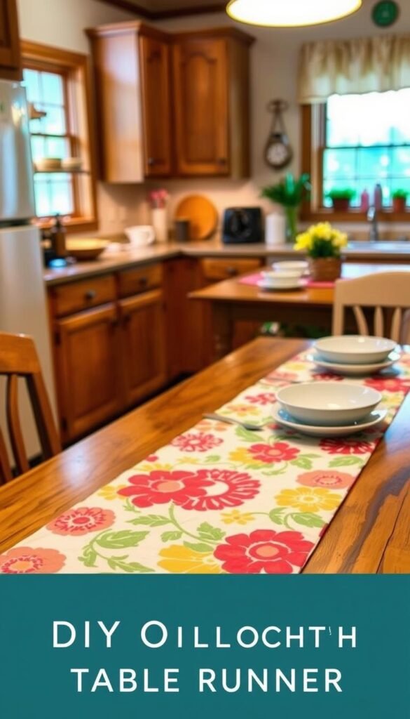A beautifully crafted DIY oilcloth table runner in a warm, inviting kitchen setting. In the foreground, a rectangular oilcloth runner with a vibrant floral or geometric pattern lies on a rustic wooden table, its glossy surface reflecting the warm, mellow lighting from above. In the middle ground, simple white dishware and utensils are neatly arranged, complementing the runner's colors. The background features a cozy, country-style kitchen, with wooden cabinetry, and a window that allows soft, natural light to filter in, creating a comforting ambiance. The overall scene exudes a sense of homey charm and practical elegance, perfectly capturing the essence of a DIY oilcloth table runner for easy cleanup.