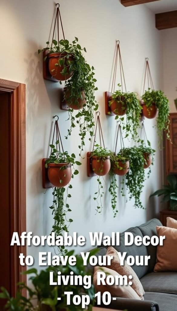 A beautifully lit, well-composed photograph showcasing a rustic, wall-mounted display of lush, cascading hanging plants in modern terracotta planters. The foreground features a variety of trailing vines and foliage spilling gracefully over the edges of the planters, creating a natural, organic feel. The middle ground presents the planters themselves, arranged in an asymmetrical, artful pattern against a clean, white wall. The background subtly suggests a cozy, inviting living room setting, with warm wooden accents and soft, diffused lighting that enhances the serene, plant-filled scene. The overall mood is one of tranquility, freshness, and effortless elegance, perfectly complementing the "Affordable Wall Decor to Elevate Your Living Room: Top 10" article subject.