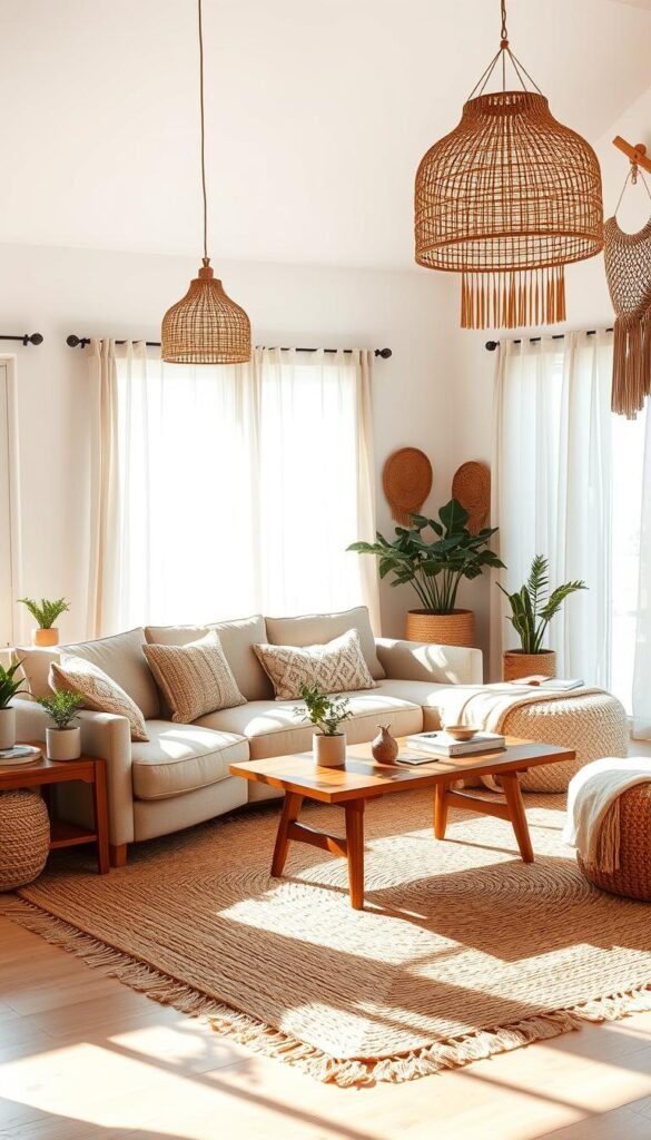 A bright, airy boho-style living space with earthy tones and natural textures. In the foreground, a plush, oversized sectional sofa adorned with woven throw pillows and a soft, tasseled blanket. Wooden end tables with potted plants and rattan light fixtures hang above. In the middle ground, a large, woven area rug with geometric patterns complements the mid-century modern coffee table. The background features whitewashed walls, floor-to-ceiling windows that let in abundant natural light, and hanging macrame decor. Sunlight filters through sheer, billowing curtains, creating a warm, inviting ambiance. The overall aesthetic is effortlessly chic, blending bohemian and minimalist elements for a cozy, relaxing atmosphere.