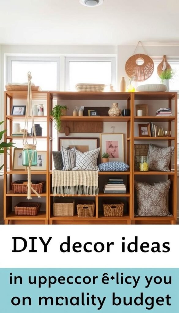 A bright, airy room filled with DIY decor ideas on a wooden shelving unit. In the foreground, an artfully arranged collection of simple, budget-friendly items - a macrame plant hanger, a handpainted vase, and repurposed glass jars. The middle ground showcases a mix of textured textiles, like a woven blanket and patterned throw pillows, alongside framed artwork and wall hangings. The background highlights natural light streaming in through large windows, casting a warm, inviting glow. The overall atmosphere is one of creativity, coziness, and impactful style on a modest budget.
