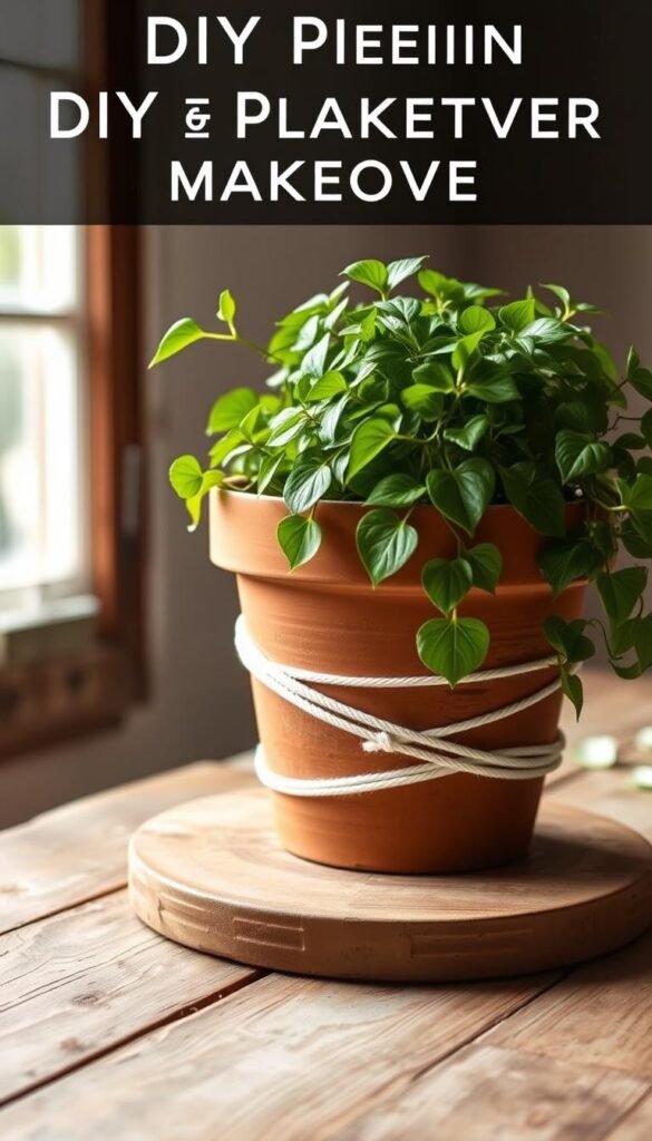 A cozy DIY planter makeover with a soft cotton piping cord wrapping around a rustic terracotta pot. The planter sits on a distressed wooden table, its surface weathered and uneven. Soft, diffused lighting from a nearby window creates a warm, inviting atmosphere. Lush green foliage spills over the rim, bringing a touch of nature into the space. The planter's surface has been embellished with a delicate pattern created by the winding cord, adding texture and visual interest. The overall scene evokes a sense of handcrafted charm and a modern, minimalist aesthetic.