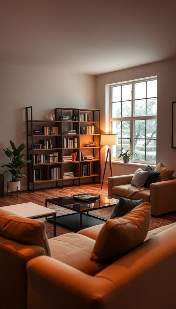 A cozy and functional small space layout, showcasing a well-designed living area. The foreground features a plush, L-shaped sofa in a neutral tone, complemented by a sleek, minimalist coffee table. The middle ground presents a wall-mounted bookshelf, strategically placed to maximize storage and display space. Warm, indirect lighting from a floor lamp casts a soft glow, creating a inviting ambiance. In the background, a large window allows natural light to flood the room, making the space feel bright and airy. The overall composition emphasizes efficient use of limited square footage, blending comfort and functionality in a visually appealing manner.