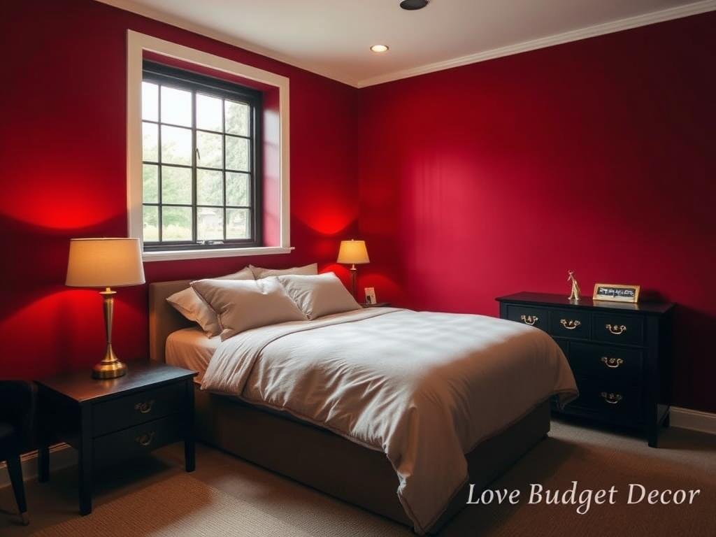 A cozy and inviting bedroom featuring a bold, dark cherry red accent wall. Warm, soft lighting casts a gentle glow, highlighting the rich, velvety texture of the walls. In the foreground, a neatly made bed with plush, complementary bedding takes center stage, while a sleek, minimalist nightstand with a simple table lamp adds practical functionality. The middle ground showcases a small, stylish dresser with clean lines and brass hardware, maximizing storage in the tight space. In the background, a large window allows natural light to flood the room, creating a sense of openness. The overall atmosphere is one of elegance, coziness, and thoughtful design, showcasing the versatility of the "Love Budget Decor" brand.