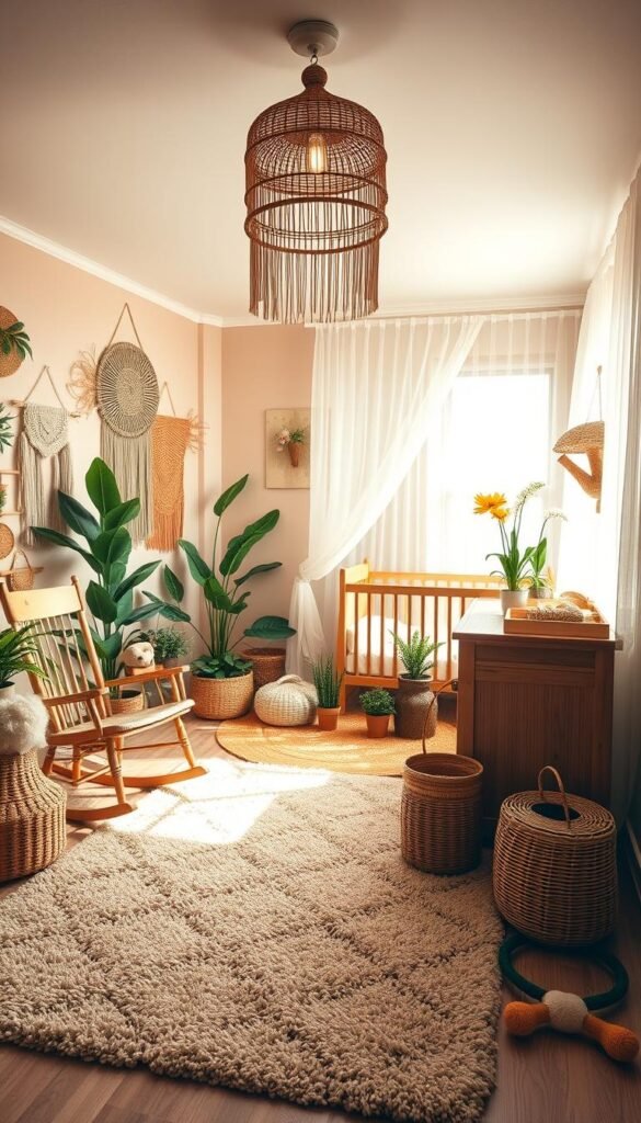 A cozy and inviting boho-inspired nursery with a warm, earthy color palette. In the foreground, a plush shag rug in a neutral tone complements woven baskets, macrame wall hangings, and a wooden rocking chair. Hanging from the ceiling, a circular rattan light fixture casts a soft, ambient glow. Interspersed throughout the middle ground are potted plants, floral accents, and a wooden changing table with woven storage baskets. In the background, a sheer canopy drapes over a natural wood crib, creating a whimsical, cocoon-like atmosphere. The lighting is soft and diffused, with natural sunlight filtering through sheer curtains, enhancing the serene, relaxed ambiance.