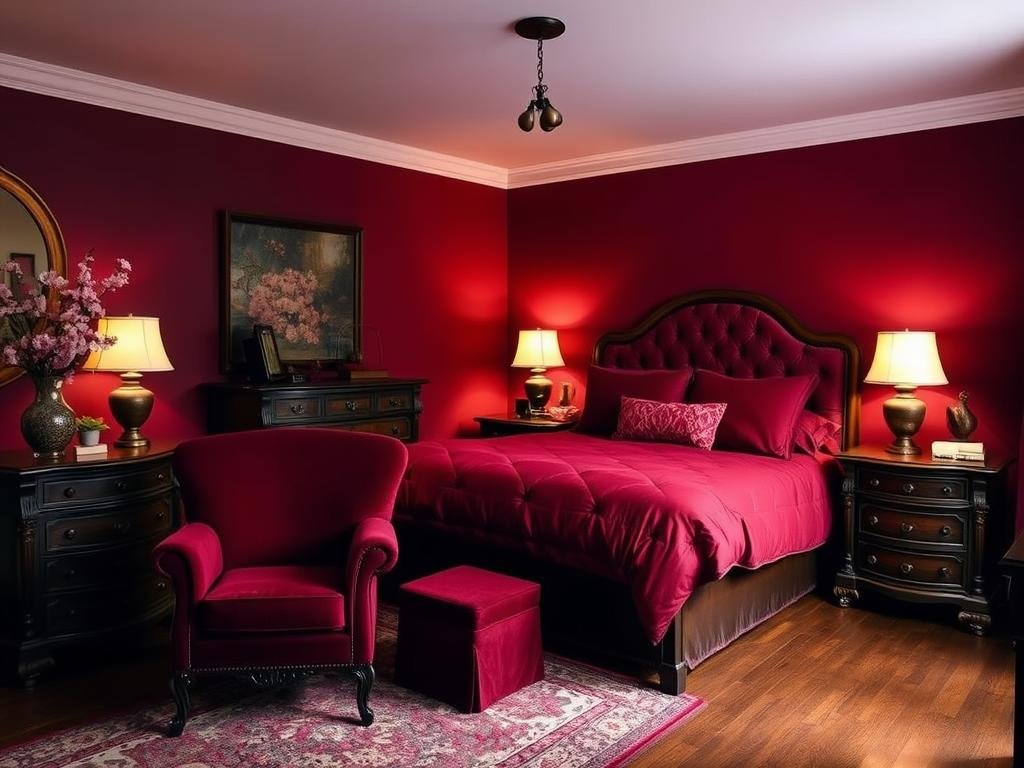 A cozy and inviting dark cherry red bedroom with a vintage-inspired aesthetic. The room features a large plush bed with a tufted headboard, adorned with lush cherry red bedding. Warm lighting casts a soft glow, accentuating the rich wood tones of the antique dresser and nightstands. A cozy armchair in a complementary burgundy velvet adds a touch of luxury. The walls are painted in a deep, moody cherry red hue, creating a cocoon-like ambiance. Delicate floral accents, like a vase of cherry blossoms, add a feminine touch. Love Budget Decor.