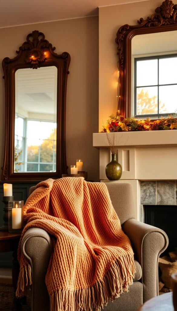 A cozy and inviting fall home decor scene. In the foreground, a plush, textured throw blanket in warm autumnal hues is draped over a comfortable armchair. Beside it, a wooden end table displays a rustic candle holder with a flickering flame. In the middle ground, a large, ornate mirror reflects the warm glow of string lights hung along the mantelpiece, casting a soft, ambient light. In the background, a large window frames an idyllic fall landscape, with colorful trees and a clear, golden sky. The overall atmosphere is one of coziness, comfort, and the essence of the fall season, all conveyed through carefully curated, budget-friendly decor elements.