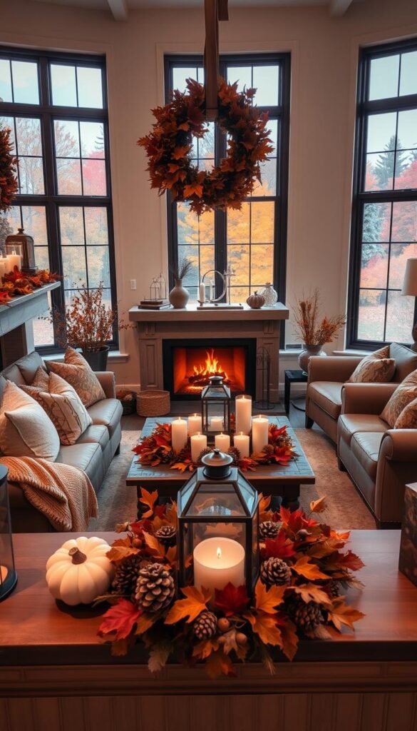 A cozy and inviting fall scene with a beautifully decorated living room. In the foreground, an ornate wreath adorns the mantel, accented by plush pillows, a warm throw, and a vintage lantern. In the middle ground, a wooden coffee table is topped with a centerpiece of autumn leaves, pinecones, and candles. Behind it, a large armchair and loveseat are positioned around a crackling fireplace, casting a warm glow throughout the room. The background features tall windows overlooking a serene outdoor landscape, with colorful fall foliage visible through the panes. The overall mood is one of comfort, coziness, and seasonal charm.