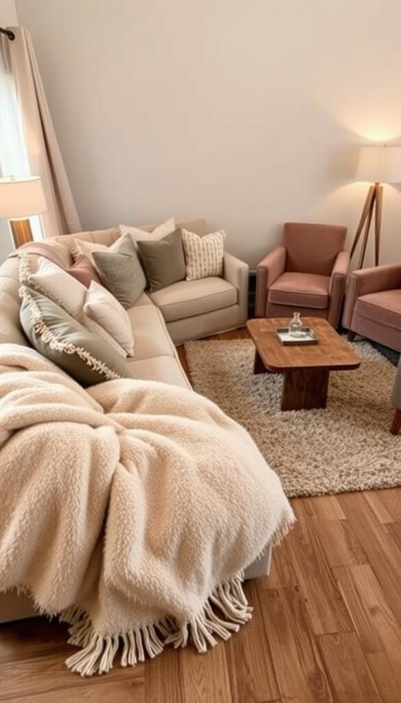 A cozy and inviting living room scene with layered textures and soothing hues. In the foreground, a plush, oversized throw blanket in a soft, neutral tone cascades over a large, L-shaped sectional sofa. Scattering the sofa are an array of decorative pillows in complementary shades of beige, gray, and taupe, their various patterns and materials creating a harmonious, layered effect. In the middle ground, a large, fluffy area rug in a subtle, earthy tone grounds the space, while a pair of matching, overstuffed armchairs in a rich, velvet-like fabric flank a rustic, wooden coffee table. Soft, diffused lighting from a pair of mid-century inspired floor lamps casts a warm, cozy glow over the entire scene, creating an atmosphere of relaxation and comfort. A cozy and inviting living room scene with layered textures and soothing hues. In the foreground, a plush, oversized throw blanket in a soft, neutral tone cascades over a large, L-shaped sectional sofa. Scattering the sofa are an array of decorative pillows in complementary shades of beige, gray, and taupe, their various patterns and materials creating a harmonious, layered effect. In the middle ground, a large, fluffy area rug in a subtle, earthy tone grounds the space, while a pair of matching, overstuffed armchairs in a rich, velvet-like fabric flank a rustic, wooden coffee table. Soft, diffused lighting from a pair of mid-century inspired floor lamps casts a warm, cozy glow over the entire scene, creating an atmosphere of relaxation and comfort.