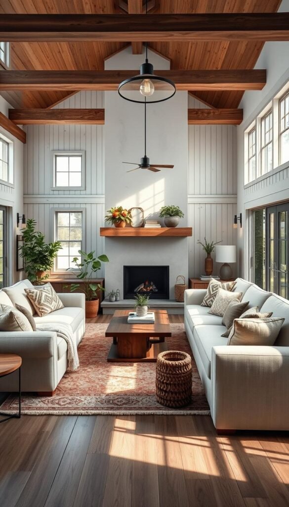 A cozy and inviting modern farmhouse living room with natural light streaming in through large windows. Plush, oversized sofas in neutral tones with rustic wooden accents, complemented by a statement area rug in earthy hues. Lush indoor plants and textured throw pillows add warmth, while a sleek, minimalist fireplace anchors the space. Exposed wooden beams and distressed, whitewashed walls create a charming, country-chic ambiance. Soft, diffused lighting from sconces and a mid-century inspired pendant fixture cast a gentle glow, enhancing the serene, relaxing atmosphere. High-quality, professional-grade camera, 35mm lens, natural lighting. A cozy and inviting modern farmhouse living room with natural light streaming in through large windows. Plush, oversized sofas in neutral tones with rustic wooden accents, complemented by a statement area rug in earthy hues. Lush indoor plants and textured throw pillows add warmth, while a sleek, minimalist fireplace anchors the space. Exposed wooden beams and distressed, whitewashed walls create a charming, country-chic ambiance. Soft, diffused lighting from sconces and a mid-century inspired pendant fixture cast a gentle glow, enhancing the serene, relaxing atmosphere. High-quality, professional-grade camera, 35mm lens, natural lighting.