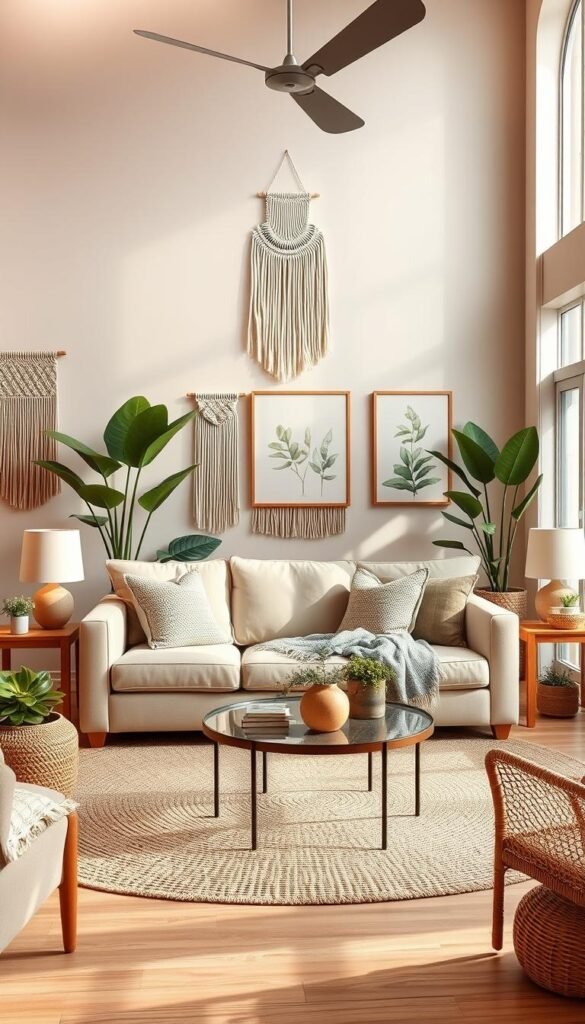 A cozy and inviting neutral boho living room with a warm, earthy palette. The centerpiece is a plush, neutral-toned sofa accented with textured throw pillows and a decorative woven blanket. Surrounding it are natural wood side tables and a low, round coffee table with a glass top. The walls feature a neutral beige or pale gray backdrop, complemented by macrame wall hangings and framed botanical prints. Warm overhead lighting casts a soft glow, creating a relaxing ambiance. The space is further enhanced by lush potted plants, a natural fiber area rug, and touches of rattan or wicker decor. An open, airy layout with plenty of natural light flowing in through large windows completes the serene, bohemian-inspired aesthetic.