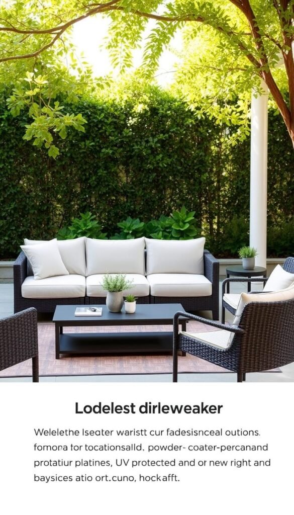 A cozy and inviting outdoor lounge setting with a mix of durable, weather-resistant furniture pieces. A modern sectional sofa with plush, fade-resistant cushions sits atop a sleek, low-profile coffee table made of powder-coated metal. Nearby, a set of sturdy wicker chairs with UV-protected woven seats surround a matching side table. The scene is illuminated by soft, natural light filtering through a canopy of lush greenery in the background. The overall atmosphere conveys a sense of comfort and practicality, perfect for an affordable, long-lasting patio or backyard retreat. A cozy and inviting outdoor lounge setting with a mix of durable, weather-resistant furniture pieces. A modern sectional sofa with plush, fade-resistant cushions sits atop a sleek, low-profile coffee table made of powder-coated metal. Nearby, a set of sturdy wicker chairs with UV-protected woven seats surround a matching side table. The scene is illuminated by soft, natural light filtering through a canopy of lush greenery in the background. The overall atmosphere conveys a sense of comfort and practicality, perfect for an affordable, long-lasting patio or backyard retreat.