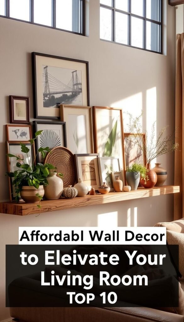 A cozy and inviting picture ledge adorned with an assortment of framed artwork, hand-crafted decor, and lush greenery, bathed in warm, natural lighting that filters through large windows. The ledge is made of rustic wood, complementing the neutral tones and textures of the surrounding living room. Carefully curated knick-knacks, such as ceramic vases and small sculptures, add depth and visual interest, creating a harmonious and visually appealing display. The overall scene exudes a sense of coziness and elegance, perfectly capturing the essence of "Affordable Wall Decor to Elevate Your Living Room: Top 10."