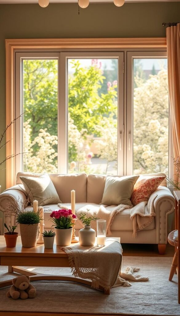 A cozy and inviting spring-inspired room interior, bathed in soft natural light. A large window overlooking a lush garden filled with blooming flowers, allowing the warm sunlight to pour in. In the foreground, a plush pastel-colored sofa adorned with fluffy pillows and a delicate floral throw. On the coffee table, a collection of potted plants, candles, and a vase of fresh cut flowers. The walls are painted in a soothing, light sage green hue, complemented by light wood furniture and accents. The overall atmosphere is one of tranquility, renewal, and a gentle embrace of the spring season. A cozy and inviting spring-inspired room interior, bathed in soft natural light. A large window overlooking a lush garden filled with blooming flowers, allowing the warm sunlight to pour in. In the foreground, a plush pastel-colored sofa adorned with fluffy pillows and a delicate floral throw. On the coffee table, a collection of potted plants, candles, and a vase of fresh cut flowers. The walls are painted in a soothing, light sage green hue, complemented by light wood furniture and accents. The overall atmosphere is one of tranquility, renewal, and a gentle embrace of the spring season.