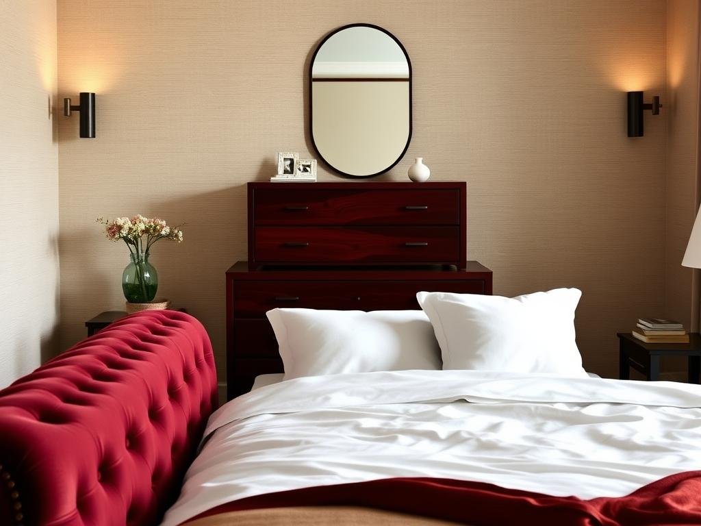 A cozy and sophisticated dark cherry red bedroom, bathed in warm lighting from a pair of sleek, minimalist wall sconces. In the foreground, a plush, tufted headboard in a rich burgundy hue anchors the space, complemented by crisp white linens and a few carefully curated decorative elements, including a small vase of freshly cut flowers. In the middle ground, a mid-century inspired dresser in a matching dark cherry wood tone stands elegantly, topped with a simple, modern mirror. The background showcases a neutral, textured wall, creating a serene and inviting atmosphere. The overall scene, captured through a medium-wide angle lens, exudes a sense of balance and style, embodying the "Love Budget Decor" brand ethos.
