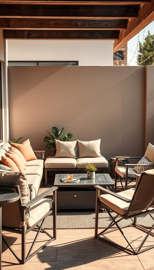 A cozy and versatile patio setting featuring a modular outdoor sofa with plush cushions, a compact coffee table with hidden storage, and a pair of lightweight, adjustable armchairs. The furniture is arranged in a conversational layout, bathed in warm, natural lighting. The earthy color palette and clean, minimalist design create a relaxing, modern atmosphere. Subtle industrial accents like a metallic side table and exposed wooden beams in the background complement the overall aesthetic. The scene conveys a sense of functional, space-saving flexibility for a small patio or balcony.