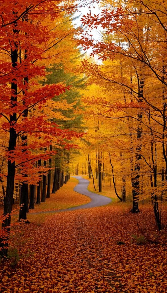 A cozy autumn landscape, with a vibrant display of fall foliage in the foreground. Tall, lush trees in golden, orange, and crimson hues frame the scene, their leaves gently swaying in a soft breeze. In the middle ground, a winding path leads through a serene forest, the ground carpeted with fallen leaves. The background is bathed in warm, golden light, creating a sense of coziness and comfort. The overall mood is one of tranquility and natural beauty, inviting the viewer to immerse themselves in the beauty of the changing seasons.