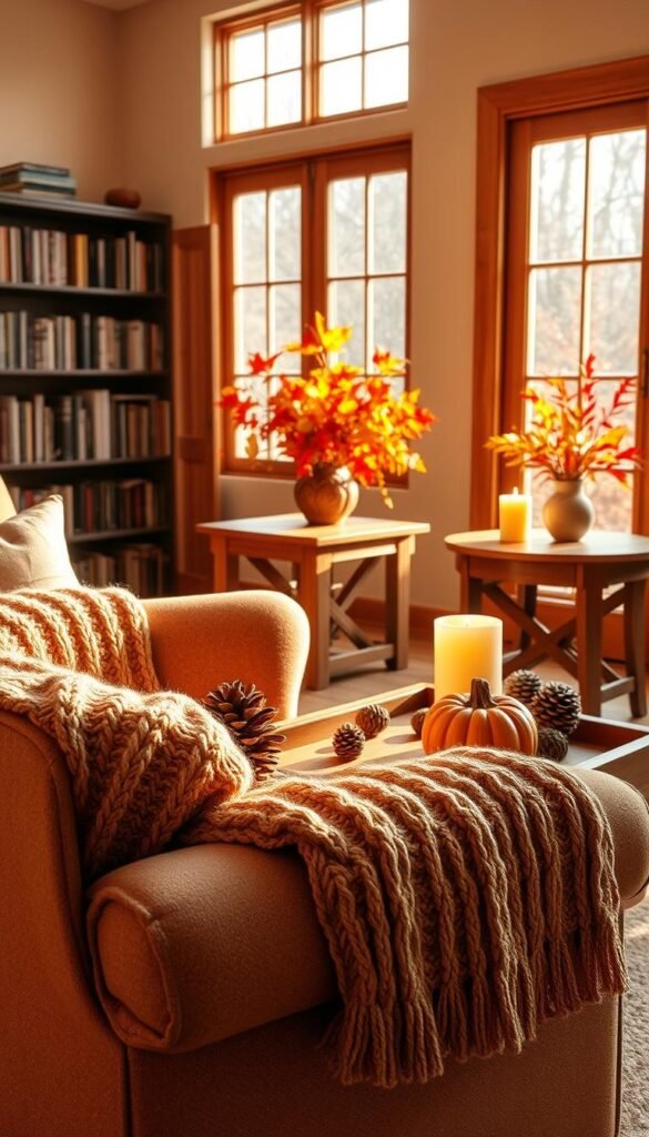 A cozy autumn living room, bathed in warm, golden light filtering through a large window. In the foreground, a soft, knitted throw blanket in earthy tones drapes over a plush armchair, inviting one to curl up and relax. On the coffee table, a rustic wooden tray holds an assortment of seasonal accents: a carved wooden pumpkin, a few pinecones, and a flickering candle. In the middle ground, a wooden side table displays a vase of vibrant fall foliage, adding pops of orange and red to the scene. The background features a bookshelf filled with well-worn books, lending an air of coziness and thoughtfulness to the space.