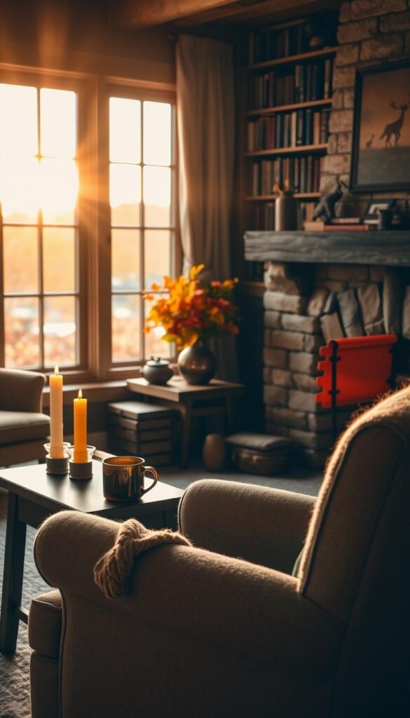 A cozy autumn living room, bathed in warm, golden light streaming in through large windows. In the foreground, a plush armchair, adorned with a soft knitted blanket, sits invitingly. Beside it, a wooden side table holds a mug of steaming cider and a lit candle, casting a gentle glow. In the middle ground, a rustic fireplace crackles, with a vase of vibrant fall foliage on the mantel. The background features a bookshelf filled with well-worn volumes, and a window overlooking a landscape of changing leaves. The overall atmosphere is one of comfort, coziness, and an appreciation for the beauty of the autumn season.