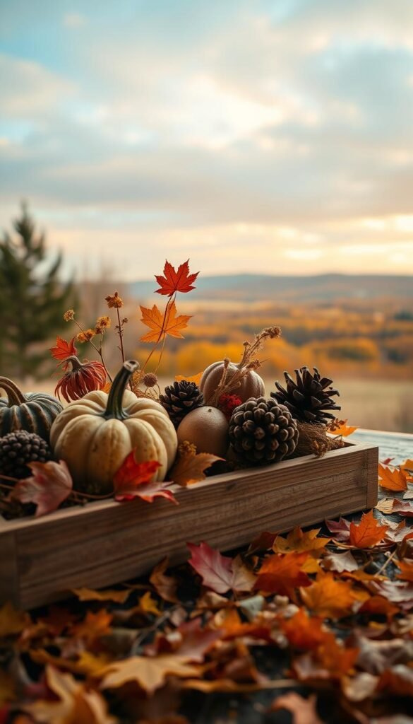 A cozy autumn still life set against a warm, golden-hour backdrop. In the foreground, a rustic wooden tray holding an assortment of seasonal treasures - gourds, pinecones, dried flowers, and a single, delicate maple leaf. Soft, diffused lighting illuminates the natural textures and earthy tones, creating an inviting, hygge-inspired atmosphere. In the middle ground, a scattering of fallen leaves in shades of red, orange, and yellow carpet the ground, leading the eye towards a lush, autumnal landscape in the distance. An overcast sky with glowing, pastel hues completes the serene, autumnal scene, capturing the essence of nature's free fall bounty.
