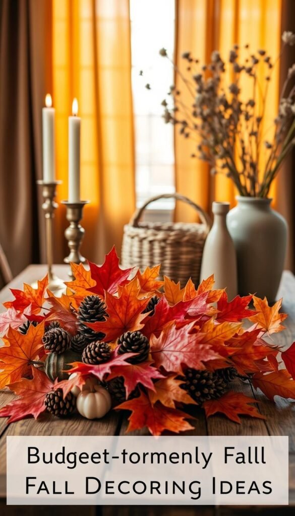 A cozy autumnal scene of fall décor on a rustic wooden table. In the foreground, an arrangement of vibrant orange and red fall leaves, pinecones, and a few gourds. The middle ground features a set of elegant candlesticks, a woven basket, and a neutral-toned ceramic vase filled with dried flowers. In the background, a soft focus window framed by warm-toned curtains, letting in gentle natural light that casts a golden glow over the entire tableau. The overall mood is one of comfort, coziness, and seasonal ambiance, perfect for highlighting budget-friendly fall decorating ideas.