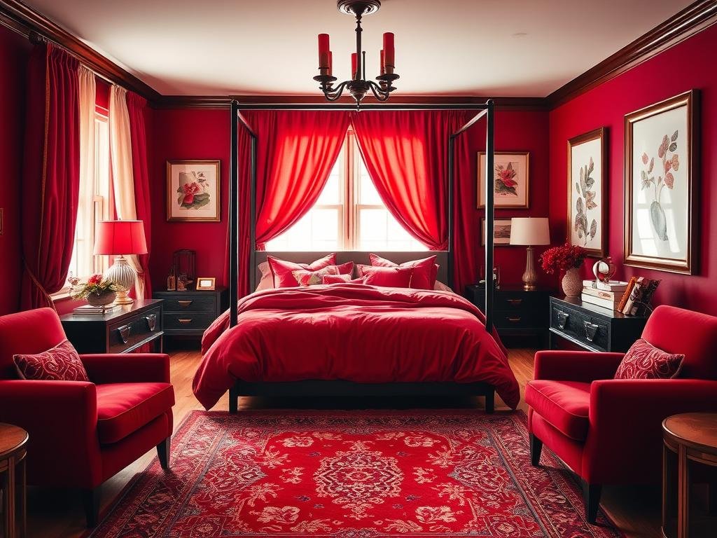 A cozy bedroom filled with luxurious cherry red textiles and accessories. In the foreground, a plush velvet comforter cascades over a sleek four-poster bed. Soft cherry-colored curtains frame the window, casting a warm glow. On the nightstands, vintage lamps with cherry-toned shades provide gentle illumination. In the middle ground, a cherry red area rug anchors the space, complemented by a pair of cherry red armchairs. On the walls, framed botanical prints in shades of red add a touch of elegance. Throughout, rich cherry wood accents and metallic finishes create a cohesive, high-end aesthetic. Inspired by the "Love Budget Decor" brand, this cozy yet sophisticated space elevates the cherry red bedroom.