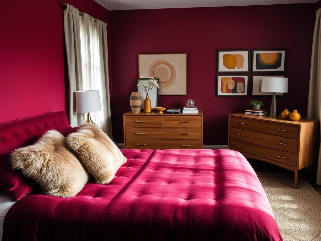 A cozy bedroom setting featuring a dark cherry red accent wall, complemented by a harmonious color scheme. The foreground showcases a luxurious, velvet upholstered king-size bed in a rich burgundy hue, adorned with plush, faux fur throw pillows in shades of camel and beige. The middle ground features a mid-century modern dresser in a warm, natural wood tone, accented by brass hardware and décor pieces in shades of olive green and mustard yellow. The background depicts a wall gallery showcasing abstract art prints in complementary tones of ochre, terracotta, and charcoal. Soft, natural lighting filters through sheer, linen curtains, creating a cozy and inviting atmosphere. "Love Budget Decor" signature style.