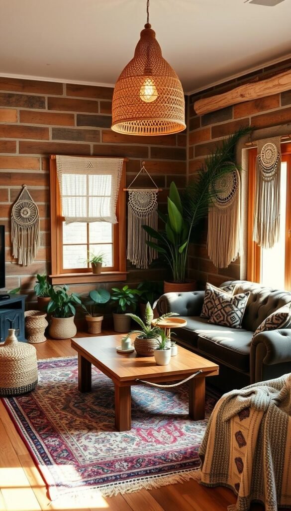 A cozy bohemian living room with a mix of natural textures and rich, earthy tones. Warm lighting from a hanging rattan pendant casts a soft glow across the space. A vintage-inspired patterned rug grounds the room, complemented by a rustic wood coffee table and plush, tufted velvet sofa. Delicate macrame wall hangings, potted plants, and an assortment of decorative pillows and throws add layers of bohemian charm. The overall atmosphere is relaxed, inviting, and perfect for mixing and matching affordable boho pieces. A cozy bohemian living room with a mix of natural textures and rich, earthy tones. Warm lighting from a hanging rattan pendant casts a soft glow across the space. A vintage-inspired patterned rug grounds the room, complemented by a rustic wood coffee table and plush, tufted velvet sofa. Delicate macrame wall hangings, potted plants, and an assortment of decorative pillows and throws add layers of bohemian charm. The overall atmosphere is relaxed, inviting, and perfect for mixing and matching affordable boho pieces.