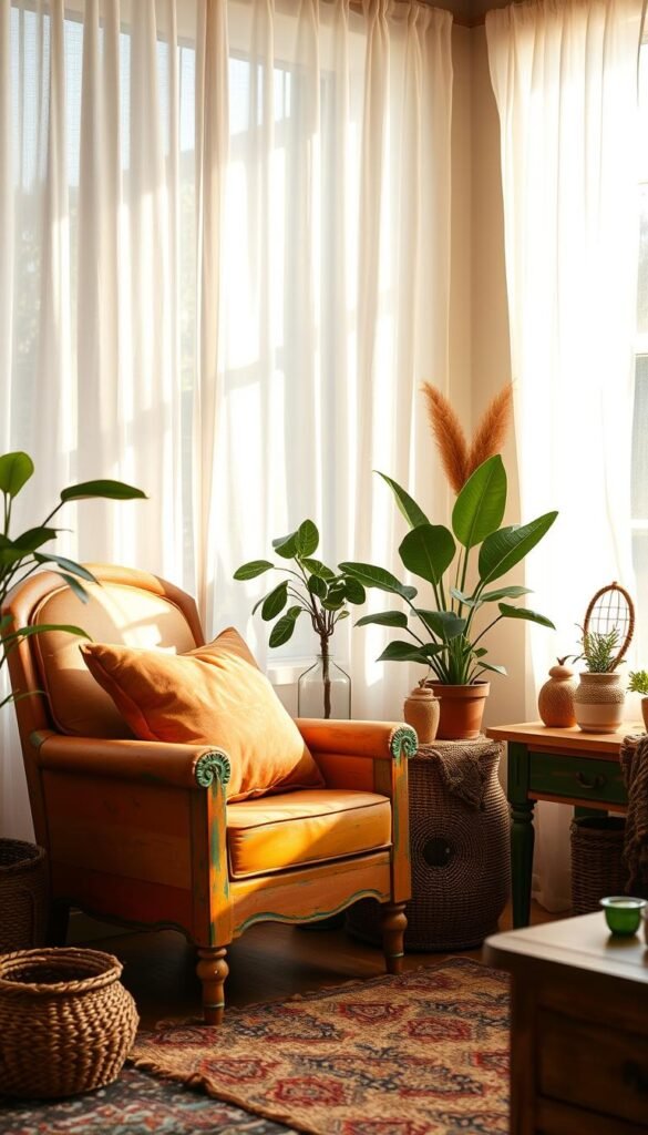 A cozy boho-chic living room with a vibrant, repainted vintage armchair and side table. Soft afternoon light filters through sheer curtains, casting a warm, dreamy glow. The furniture's original distressed wood has been revived with layers of earthy tones - ochre, terracotta, and mossy green - blending seamlessly with woven textiles, lush plants, and artisanal accents. Texture and warmth abound, creating an inviting, lived-in atmosphere perfect for relaxation and conversation.