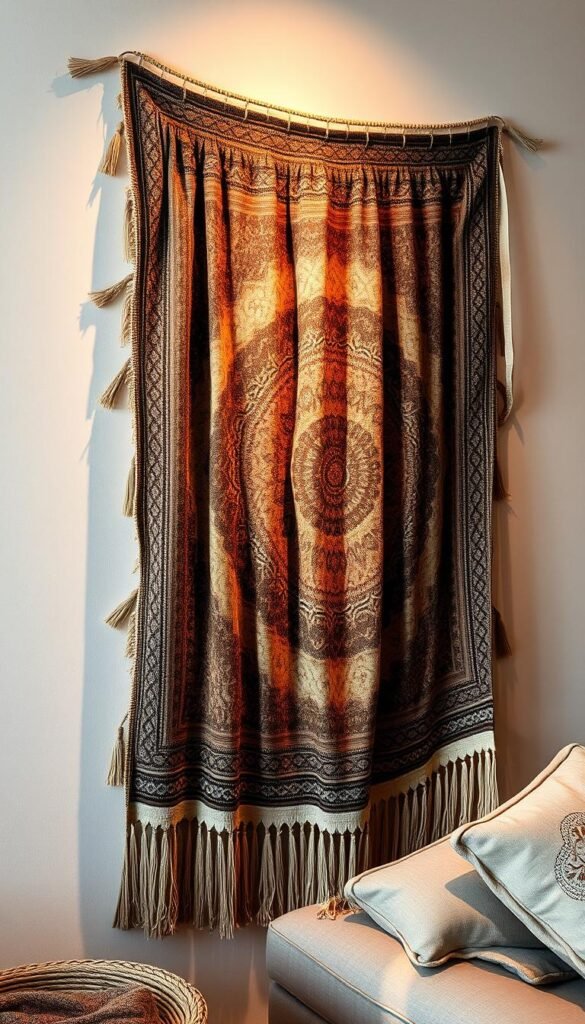 A cozy boho-chic tapestry adorns the wall, its intricate patterns and earthy hues exuding a warm, inviting ambiance. The fabric cascades elegantly, its soft folds and tasseled edges creating a captivating focal point. Ambient lighting casts a flattering glow, casting subtle shadows that accentuate the tapestry's textures and depth. The overall composition evokes a sense of relaxation and bohemian charm, perfectly complementing the rustic, eclectic decor of the living space.