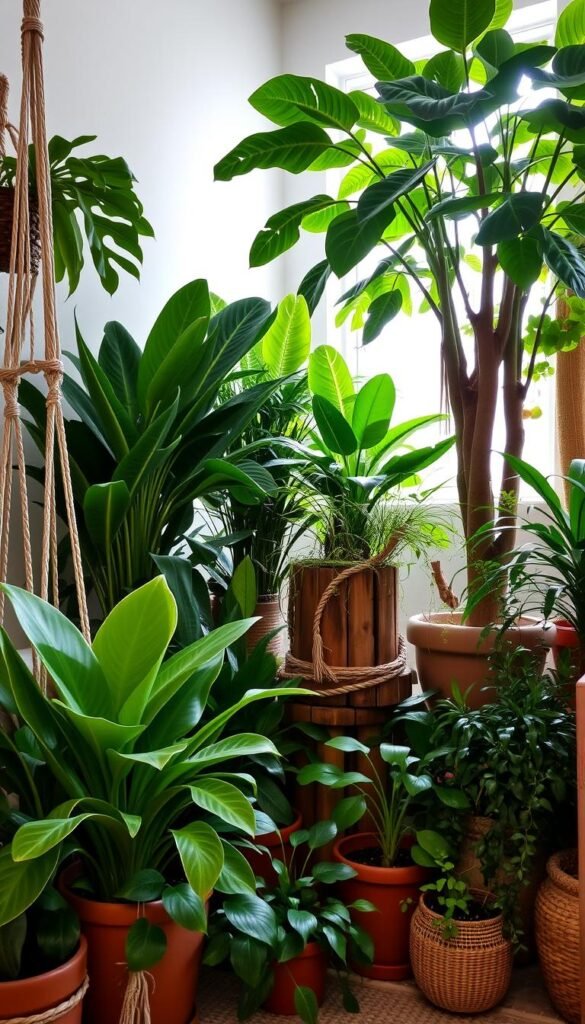 A cozy boho-inspired corner overflowing with a lush assortment of low-maintenance, thriving houseplants. In the foreground, a vibrant snake plant, a resilient ZZ plant, and a trailing pothos in a macrame plant holder. The middle ground features a bushy monstera and a flourishing philodendron cascading from a rustic wood planter. In the background, a tall fiddle-leaf fig tree casts a soft, warm glow with natural window lighting, complemented by earthy terracotta pots and woven baskets. The overall scene exudes a relaxed, organic atmosphere that invites you to unwind and reconnect with nature.