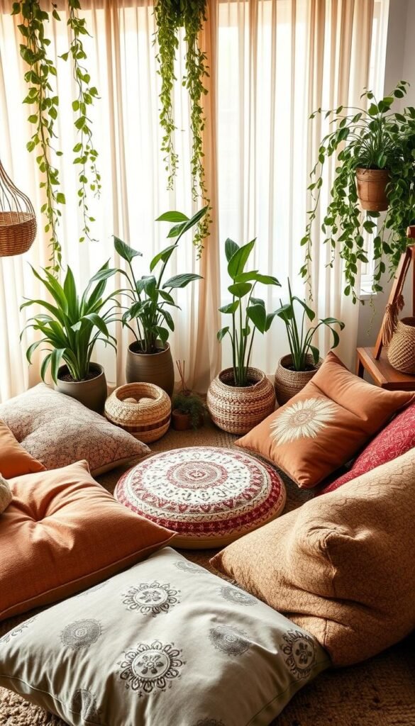 A cozy boho-inspired floor seating area with plush, oversized floor cushions in earthy tones and textures. Lush, trailing potted plants in the background create a lush, botanical atmosphere. Soft, diffused natural lighting filters in through sheer curtains, casting a warm, inviting glow. Patterned textiles, woven baskets, and vintage-inspired décor elements accent the space, evoking a relaxed, eclectic ambiance. The composition is centered, with the floor cushions arranged in an intimate conversational grouping. The perspective is angled slightly from above, capturing the inviting, nest-like quality of the space.