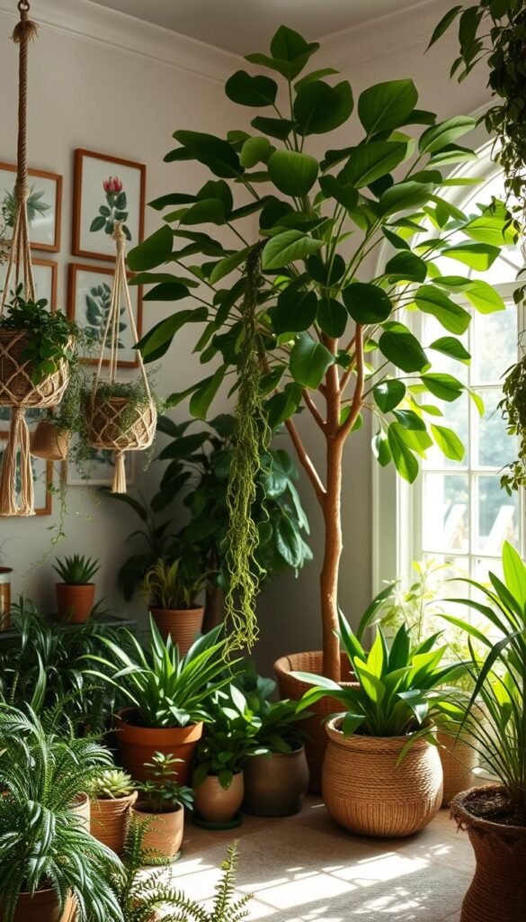 A cozy boho-inspired nursery filled with lush, vibrant plants and greenery. In the foreground, a mix of potted succulents, ferns, and trailing vines cascading from hanging macrame baskets. In the middle ground, a tall, leafy fiddle-leaf fig tree stands tall, its broad leaves casting dappled shadows. The background features a gallery wall of framed botanical prints and a large, arched window that floods the space with warm, natural light. The overall atmosphere is one of earthy, organic charm - a serene, nature-infused haven perfect for a baby's first home.
