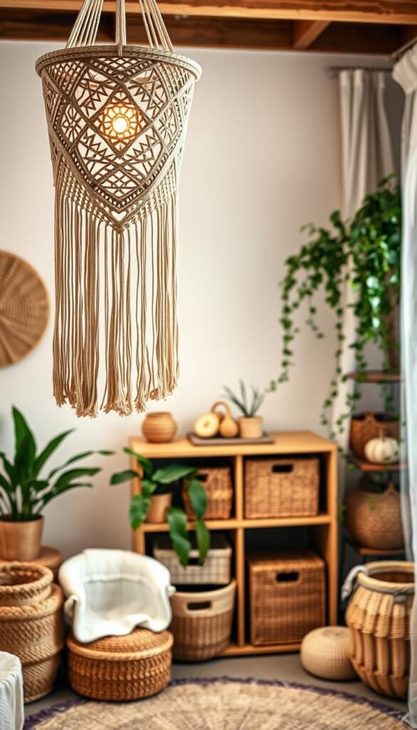 A cozy boho-inspired nursery with natural textures and earthy tones. In the foreground, an ornate macrame wall hanging cascades gracefully, casting a warm, ambient light. In the middle ground, a mix of rattan, woven, and wooden storage baskets and shelves neatly organize essentials. The background reveals a soft, neutral-toned accent wall, complemented by lush, trailing potted plants and a sheer, flowing curtain panel. Soft, diffused lighting illuminates the scene, creating a calming, inviting atmosphere perfect for a tranquil nursery.