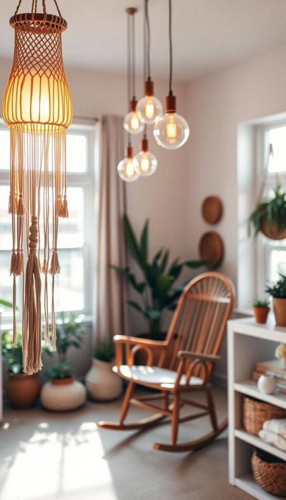 A cozy, boho-inspired nursery with warm, natural lighting. In the foreground, a macrame wall hanging casts a soft, diffused glow, complemented by a collection of decorative, glass-blown pendant lights suspended from the ceiling. In the middle ground, a wooden rocking chair and a handwoven rug create a inviting, earthy ambiance. In the background, potted plants and woven baskets add pops of greenery and texture, while large windows allow natural sunlight to stream in, illuminating the space with a sun-kissed, ethereal quality.