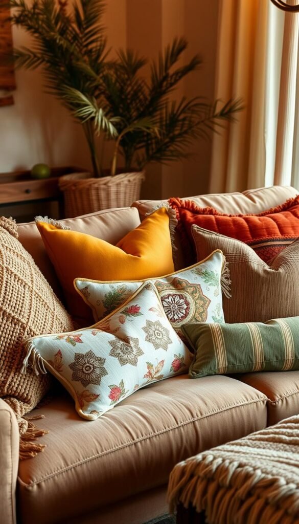 A cozy boho living room with a plush, inviting sofa and an artfully arranged assortment of throw pillows in a harmonious color palette of warm terracotta, deep ochre, and earthy greens. The pillows feature intricate patterns and textures, such as woven macrame, hand-embroidered florals, and subtly striped velvet. The lighting is soft and ambient, casting a golden glow that enhances the natural, relaxed atmosphere. The overall composition creates a visually captivating and welcoming space, perfect for curling up with a good book or entertaining guests.