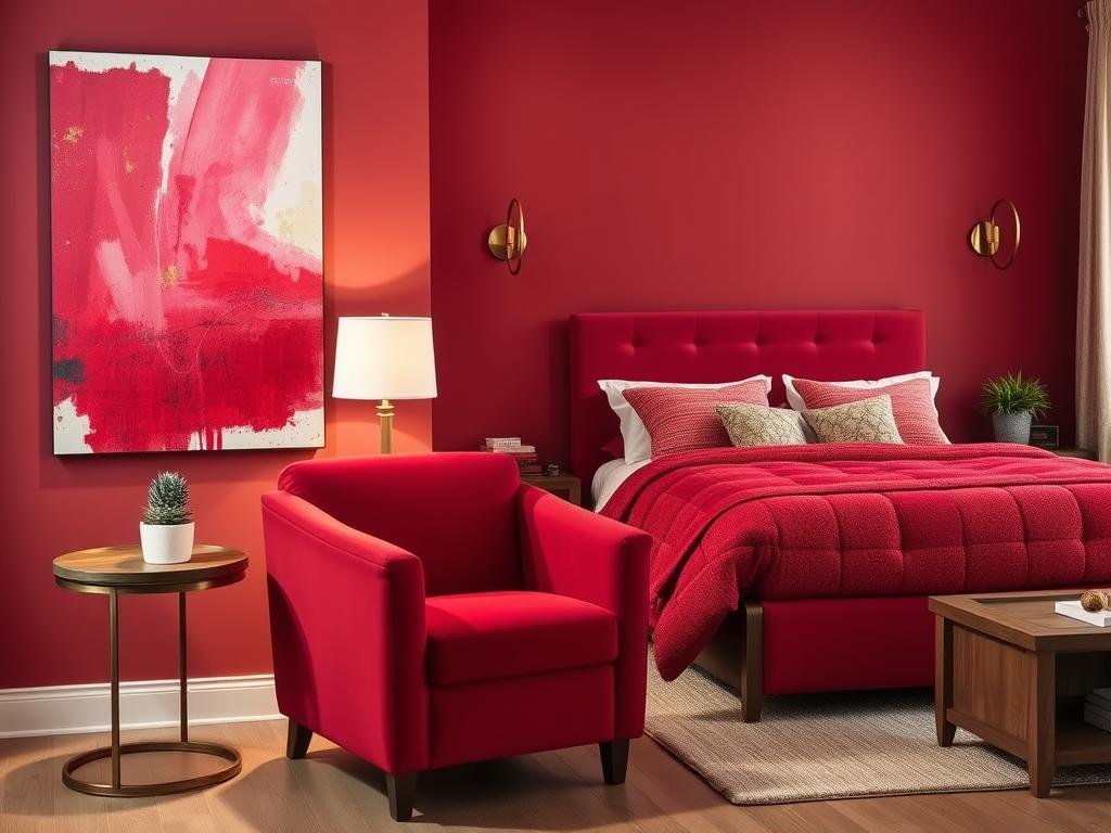 A cozy cherry red bedroom with an inviting, warm atmosphere. In the foreground, a large abstract canvas painting in vibrant hues of red, pink, and gold hangs on the wall, casting a soft glow. In the middle ground, a plush velvet armchair in a complementary shade of crimson sits beside a wooden side table holding a potted succulent and a brass lamp. The background features a neatly made cherry red bed with textured bedding, accented by a pair of nightstands with wooden frames and metallic hardware. Elegant copper sconces flank the bed, illuminating the space. The overall look is modern, yet timeless, with a touch of rustic charm, created by the Love Budget Decor brand.