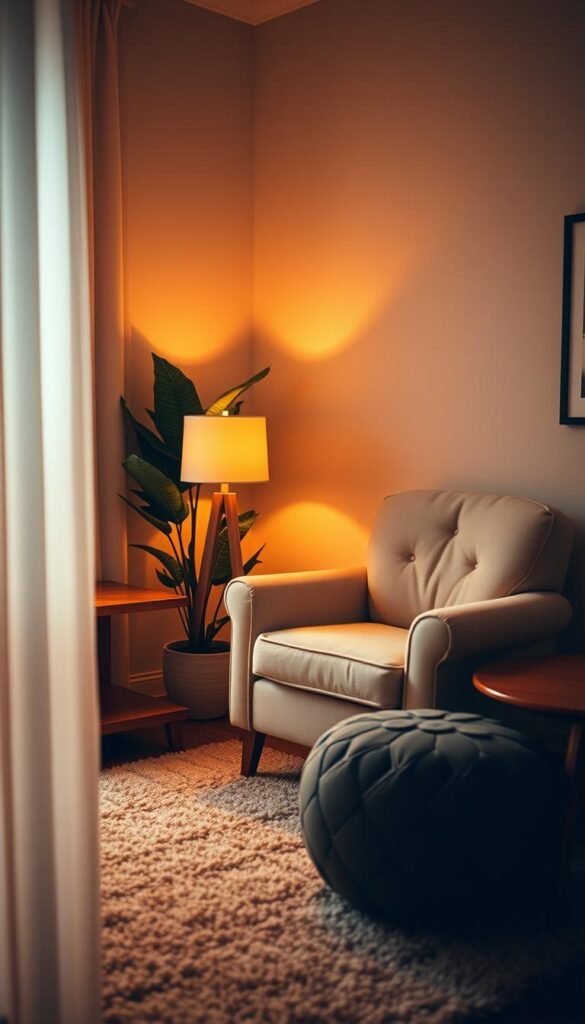 A cozy corner bathed in warm, soft lighting. In the foreground, a plush armchair sits beside a wooden side table, a table lamp casting a gentle glow. The middle ground features a lush, textured area rug, with a potted plant in the corner adding a natural touch. The background showcases a minimalist wall, accentuated by a framed piece of artwork or photography, creating a harmonious, inviting atmosphere. The lighting is balanced, with a combination of direct and indirect sources, resulting in a welcoming, relaxing ambiance perfect for a cozy corner makeover.