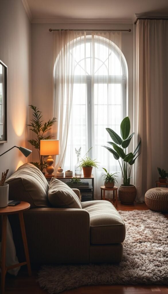 A cozy corner design in a small, well-lit living room. In the foreground, a plush, overstuffed armchair with a soft, textured upholstery in a muted earth tone. Next to it, a wooden side table with a simple, modern lamp casting a warm, ambient glow. In the middle ground, a large, fluffy area rug in a neutral hue grounds the scene. Behind, a tall, arched window lets in natural light, framed by flowing, sheer curtains. Potted plants and a few carefully curated decorative accents add finishing touches to this intimate, inviting space. The overall mood is one of comfort, relaxation, and cozy charm.