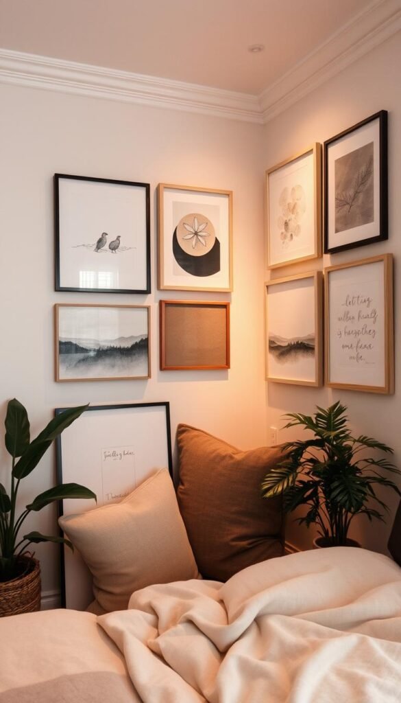 A cozy corner in a small space, adorned with an assortment of modern, minimalist wall art. Soft, warm lighting casts a gentle glow, highlighting the various textures and abstract patterns. Framed canvases and mixed media pieces are arranged in a harmonious, asymmetrical layout, creating a visually compelling display. The overall atmosphere is one of tranquility and personalized style, inviting the viewer to pause and appreciate the thoughtful curation of this intimate nook.