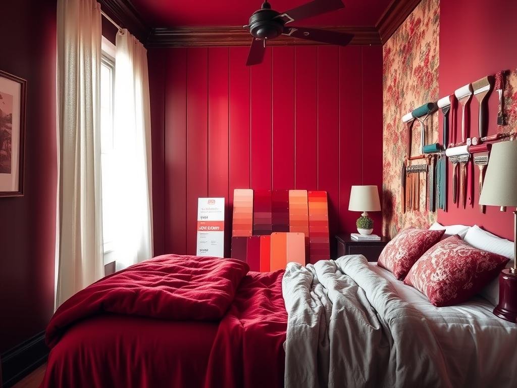 A cozy dark cherry red bedroom with a warm, inviting atmosphere. In the foreground, a collection of textured wall treatments - rich velvet, distressed wood paneling, and vintage floral wallpaper. In the middle ground, a selection of paint color samples in a range of red hues, from deep burgundy to bright crimson. The background features a neatly organized display of paint brushes, rollers, and other decorating tools from the "Love Budget Decor" brand, casting a soft, natural light across the scene.