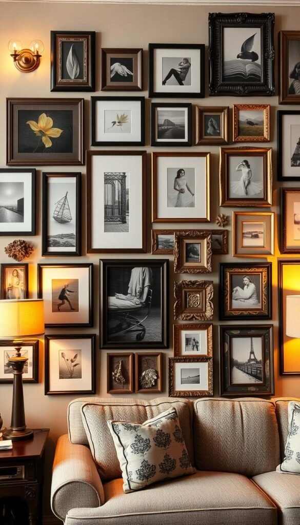 A cozy, eclectic gallery wall filled with an assortment of framed art, photographs, and decorative elements. The layout has an organic, balanced composition, with a mix of shapes, sizes, and textures that create visual interest. The frames range from sleek, modern metal to ornate, vintage-inspired wood, arranged in a thoughtful, asymmetrical pattern that draws the eye across the wall. Warm, golden lighting from sconces and lamps casts a soft, inviting glow, complementing the earthy, neutral color palette of the decor. The overall atmosphere is one of comfortable sophistication, perfectly capturing the essence of an affordable yet stylish gallery wall. A cozy, eclectic gallery wall filled with an assortment of framed art, photographs, and decorative elements. The layout has an organic, balanced composition, with a mix of shapes, sizes, and textures that create visual interest. The frames range from sleek, modern metal to ornate, vintage-inspired wood, arranged in a thoughtful, asymmetrical pattern that draws the eye across the wall. Warm, golden lighting from sconces and lamps casts a soft, inviting glow, complementing the earthy, neutral color palette of the decor. The overall atmosphere is one of comfortable sophistication, perfectly capturing the essence of an affordable yet stylish gallery wall.