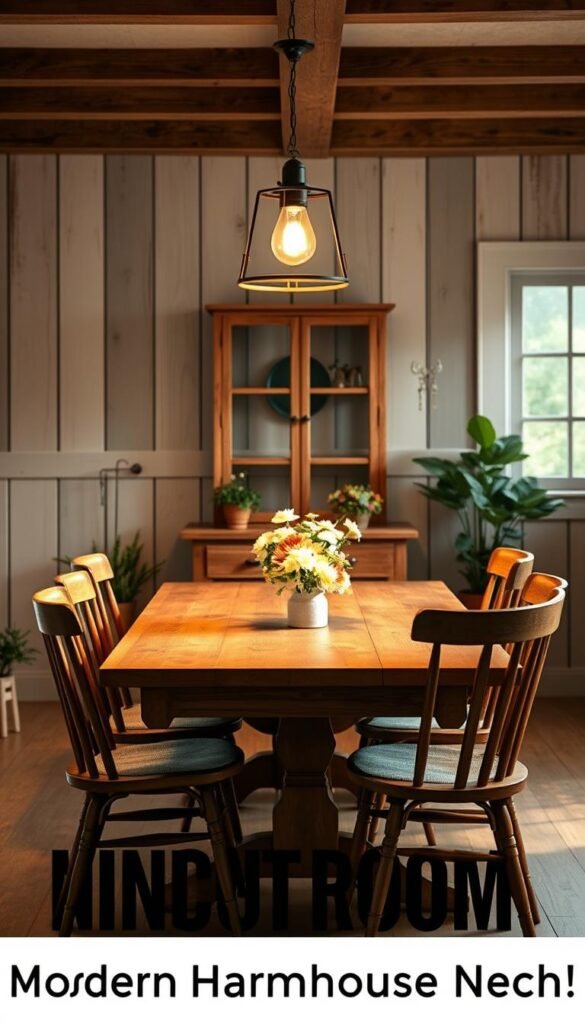 A cozy farmhouse dining table set in a warm and inviting atmosphere. The table is made of rustic wood, complemented by wooden chairs with classic farmhouse-style upholstery. Soft, ambient lighting from a vintage-inspired pendant fixture casts a gentle glow, creating a welcoming ambiance. The room features distressed wood paneling on the walls, adding to the charming, timeless aesthetic. Potted plants and a simple, yet elegant floral centerpiece add a touch of natural beauty. The scene evokes a sense of comfort and nostalgia, perfectly capturing the essence of the "Dining Room: Where Memories Are Made" section of the "Modern Farmhouse Decor: Blending Rustic Charm & Contemporary Style" article. A cozy farmhouse dining table set in a warm and inviting atmosphere. The table is made of rustic wood, complemented by wooden chairs with classic farmhouse-style upholstery. Soft, ambient lighting from a vintage-inspired pendant fixture casts a gentle glow, creating a welcoming ambiance. The room features distressed wood paneling on the walls, adding to the charming, timeless aesthetic. Potted plants and a simple, yet elegant floral centerpiece add a touch of natural beauty. The scene evokes a sense of comfort and nostalgia, perfectly capturing the essence of the "Dining Room: Where Memories Are Made" section of the "Modern Farmhouse Decor: Blending Rustic Charm & Contemporary Style" article.