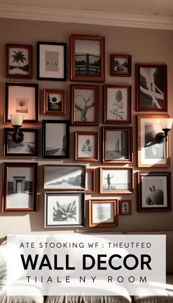 A cozy gallery wall adorned with a harmonious collection of thrifted wooden frames in varying shapes and sizes, showcasing an eclectic assortment of abstract art, nature-inspired paintings, and black-and-white photography. The frames are arranged in a visually appealing, asymmetrical layout, casting gentle shadows that add depth and dimension to the display. Soft, warm lighting from a pair of vintage-inspired sconces illuminates the arrangement, creating a inviting, lived-in ambiance. The overall scene evokes a sense of effortless elegance and personalized style, perfectly suitable for an article on affordable wall decor to elevate a living room.