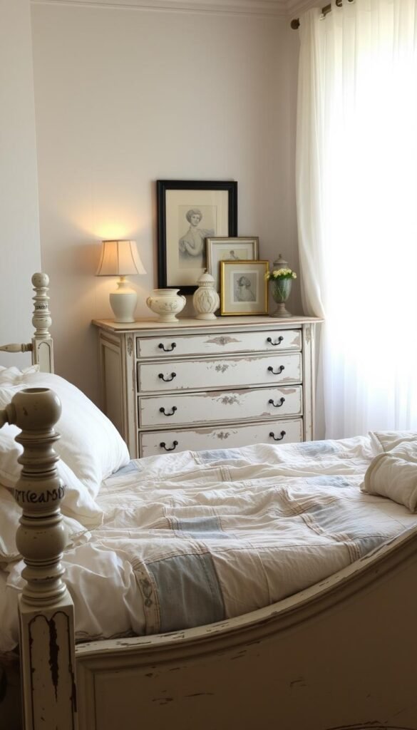 A cozy, inviting bedroom in a shabby chic style. In the foreground, a worn, distressed wooden bed frame with plush, mismatched bedding in soft pastel hues. On the nightstands, vintage lamps with delicate shades cast a warm, ambient glow. The middle ground features an antique dresser with chipped paint, adorned with delicate vases and framed artwork. In the background, a sheer curtain billows gently, allowing soft natural light to filter in, illuminating the room's weathered elegance. The overall scene evokes a sense of timeless, lived-in charm and comfort.