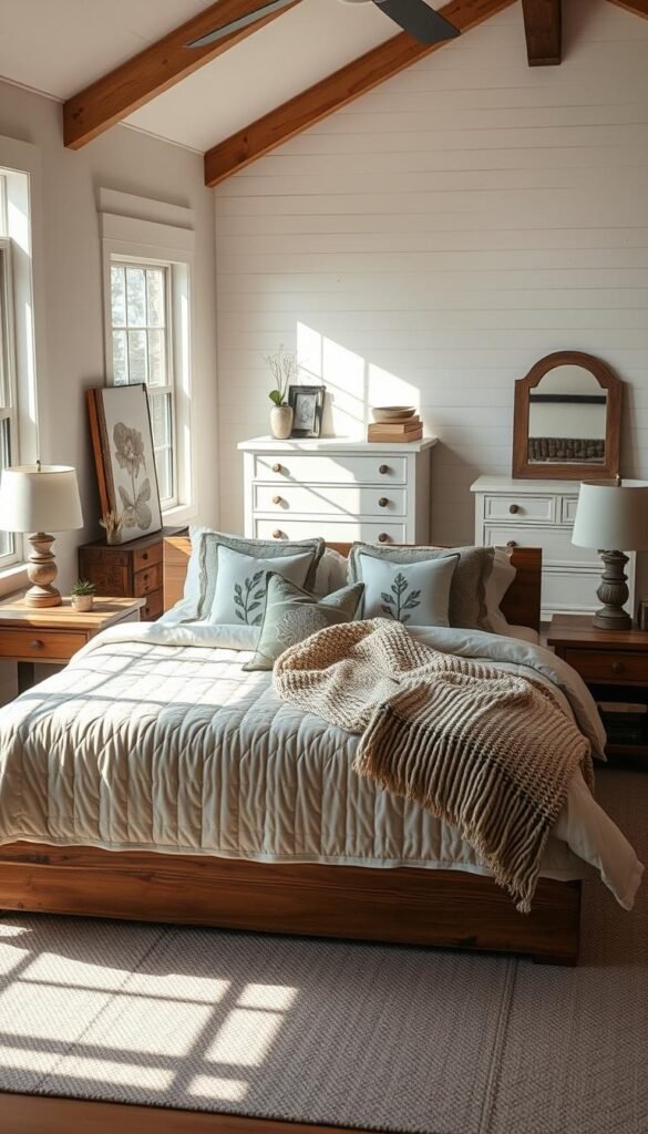 A cozy, inviting modern farmhouse bedroom bathed in warm, natural light streaming through large windows. A plush, quilted duvet covers a wooden platform bed, accented with neutral-toned throw pillows and a chunky knit blanket. Rustic wood nightstands flank the bed, topped with vintage table lamps and botanical artwork. In the background, a weathered white dresser stands against a shiplap wall, complemented by a reclaimed wood mirror. Subtle textures, muted colors, and a sense of relaxed comfort create a serene, inviting ambiance. A cozy, inviting modern farmhouse bedroom bathed in warm, natural light streaming through large windows. A plush, quilted duvet covers a wooden platform bed, accented with neutral-toned throw pillows and a chunky knit blanket. Rustic wood nightstands flank the bed, topped with vintage table lamps and botanical artwork. In the background, a weathered white dresser stands against a shiplap wall, complemented by a reclaimed wood mirror. Subtle textures, muted colors, and a sense of relaxed comfort create a serene, inviting ambiance.